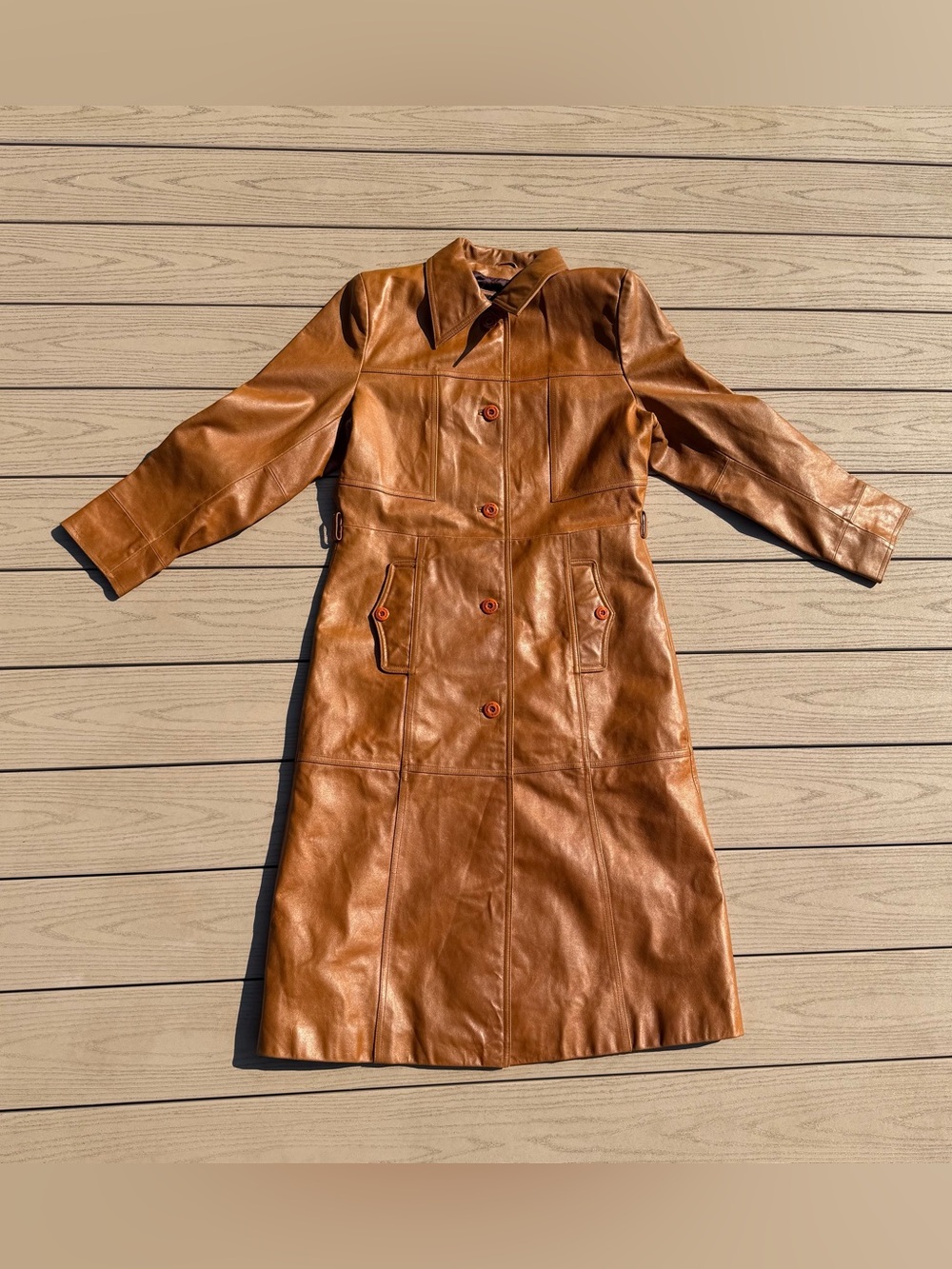 VTG Wilson Leather Patchwork Trench Coat Brown Button Full Length Women Large L
